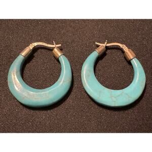 925 Silver Mexico Turquoise Hoop Earrings Hinge Closure